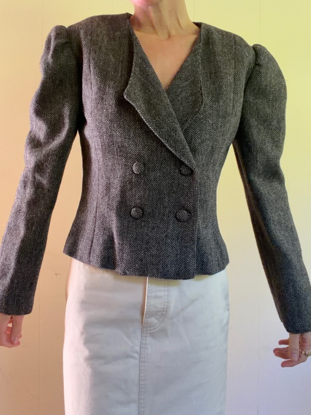 Vintage Gray Victorian style herringbone wool cropped blazer